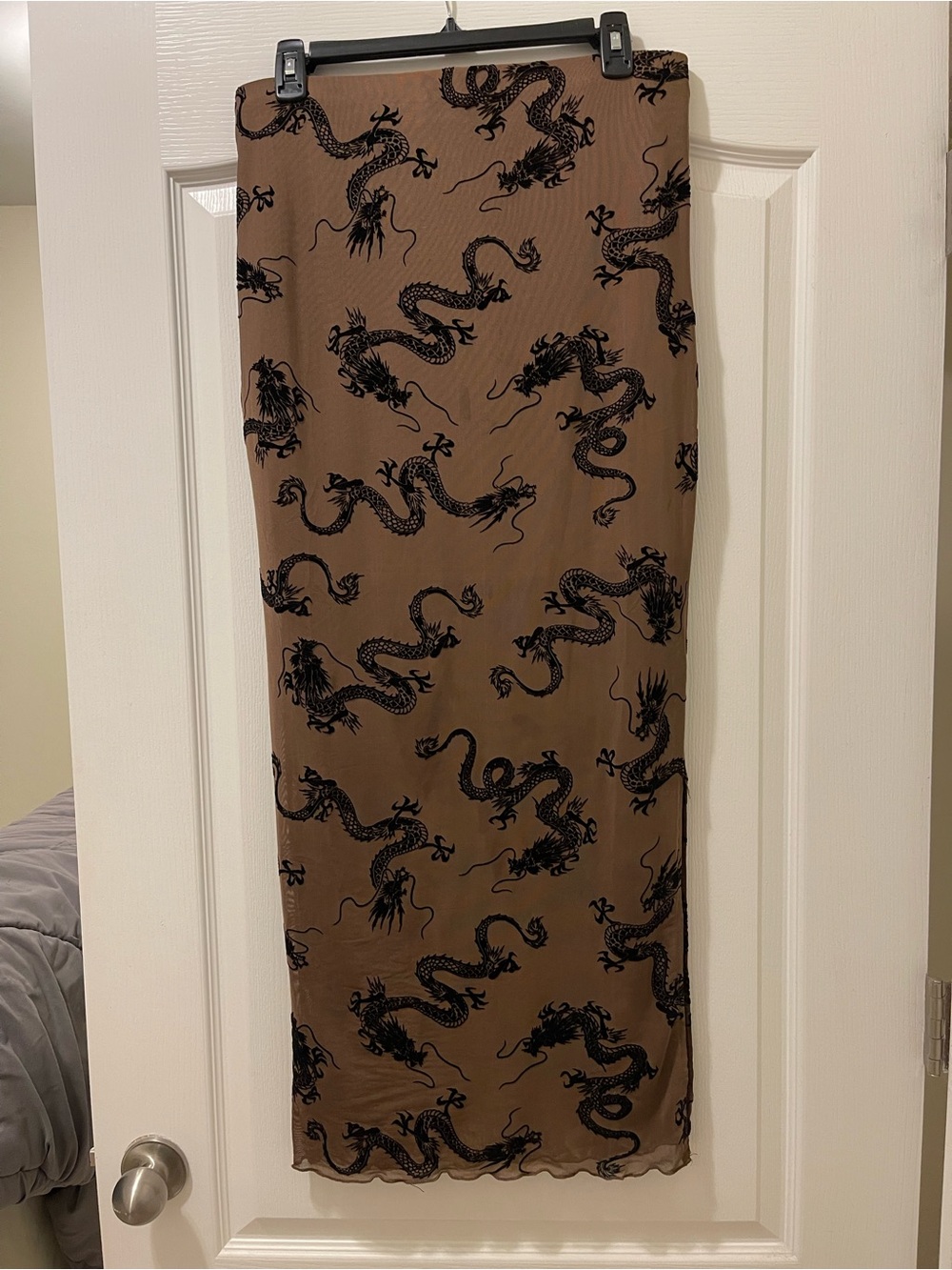 Dressed in LALA Brown Midi Skirt with Black Dragon Print